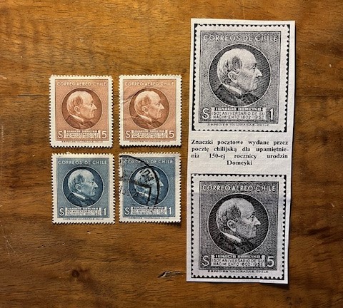 Marki skarynauki. Paštovyja marki, vydadzienyja poštaj Čyli da 150-hoddzia z dnia naradžennia Ihnata Damiejki